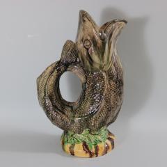 Large Majolica Leaping Fish Glug Jug Pitcher - 2245024