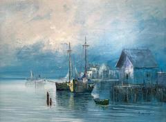 Large Marine Landscape Oil on Canvas Painting with Boats at a Dock Signed - 2873138
