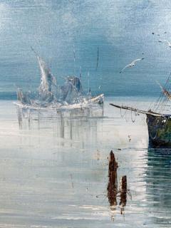 Large Marine Landscape Oil on Canvas Painting with Boats at a Dock Signed - 2873293