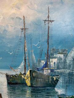 Large Marine Landscape Oil on Canvas Painting with Boats at a Dock Signed - 2873305