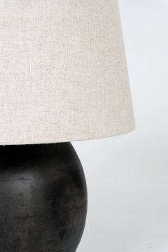 Large Matte Black Pottery Lamp with Linen Drum Shade - 4470280