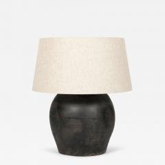 Large Matte Black Pottery Lamp with Linen Drum Shade - 4475717