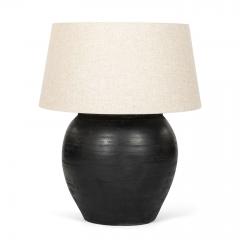 Large Matte Black Pottery Lamp with Linen Drum Shade - 4492724