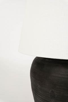 Large Matte Black Pottery Lamp with Linen Drum Shade - 4544458