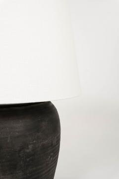 Large Matte Black Pottery Lamp with Linen Drum Shade - 4544461