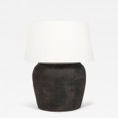Large Matte Black Pottery Lamp with Linen Drum Shade - 4545298