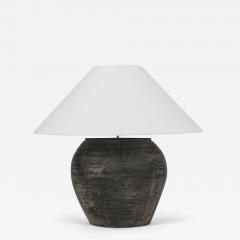 Large Matte Black Unglazed Lamp with Flared White Linen Coolie Shade - 3425303