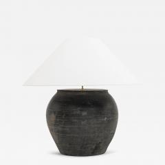 Large Matte Black Unglazed Lamp with Flared White Linen Coolie Shade - 3435260