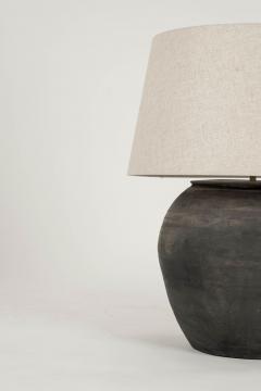 Large Matte Black Unglazed Lamp with Natural Color Linen Drum Shade - 3428626