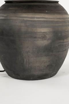 Large Matte Black Unglazed Lamp with Natural Color Linen Drum Shade - 3428627
