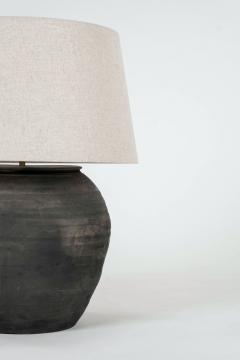 Large Matte Black Unglazed Lamp with Natural Color Linen Drum Shade - 3428630