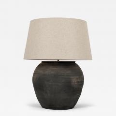 Large Matte Black Unglazed Lamp with Natural Color Linen Drum Shade - 3430690