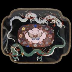 Large Meiji Japanese Cloisonne Enamel Dueling Dragons Pink Butterfly Tray - 3902098