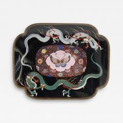 Large Meiji Japanese Cloisonne Enamel Dueling Dragons Pink Butterfly Tray - 3926386