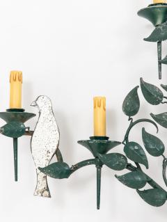 Large Mirrored Birds on Green Tole Vine Wall Sconce France 1940s - 4153193