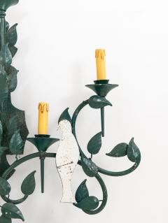 Large Mirrored Birds on Green Tole Vine Wall Sconce France 1940s - 4153195