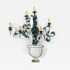Large Mirrored Birds on Green Tole Vine Wall Sconce France 1940s - 4153690