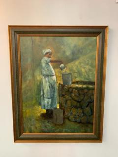 Large Oil on Canvas Figurative Painting of a Farmer Woman by a Well - 2873102