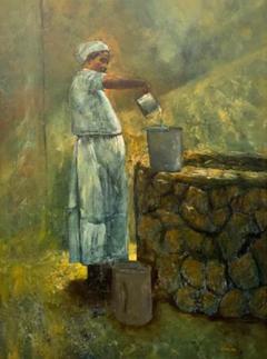 Large Oil on Canvas Figurative Painting of a Farmer Woman by a Well - 2878042
