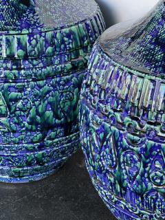 Large Pair 1960s Blue Teal Drip Glaze Bulbous form Lamps with Textured Surface - 3348582
