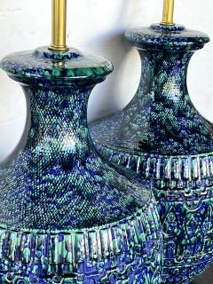 Large Pair 1960s Blue Teal Drip Glaze Bulbous form Lamps with Textured Surface - 3348583