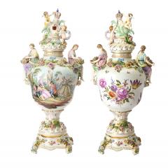 Large Pair Antique Dresden Porcelain Three Part Lidded Vases Figural Handles - 4822632