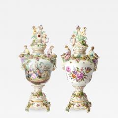 Large Pair Antique Dresden Porcelain Three Part Lidded Vases Figural Handles - 4824295