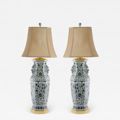 Large Pair Glazed Tapestry Porcelain Gilt Base Table Lamps - 3123989