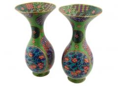 Large Pair Of Japanese Cloisonne Enamel Green Floral Cherry Blossom Vases - 4120389