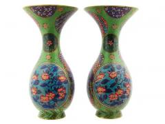 Large Pair Of Japanese Cloisonne Enamel Green Floral Cherry Blossom Vases - 4120393