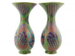 Large Pair Of Japanese Cloisonne Enamel Green Floral Cherry Blossom Vases - 4120394