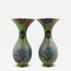 Large Pair Of Japanese Cloisonne Enamel Green Floral Cherry Blossom Vases - 4121266