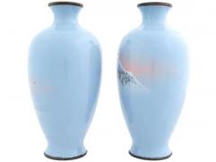 Large Pair Of Meiji Japanese Cloisonne Enamel Wireless Vases Mt Fuji Sun Set - 4123798