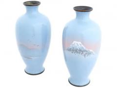 Large Pair Of Meiji Japanese Cloisonne Enamel Wireless Vases Mt Fuji Sun Set - 4123800