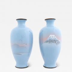 Large Pair Of Meiji Japanese Cloisonne Enamel Wireless Vases Mt Fuji Sun Set - 4124000