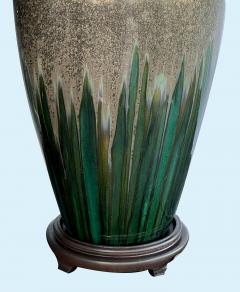 Large Pair Vintage Textured Iridescent Glazed Lamps with Emerald Green Striation - 4270331