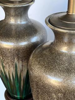 Large Pair Vintage Textured Iridescent Glazed Lamps with Emerald Green Striation - 4270332