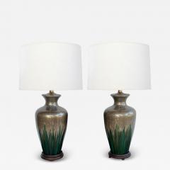Large Pair Vintage Textured Iridescent Glazed Lamps with Emerald Green Striation - 4270488