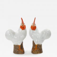 Large Pair of 1930s Chinese Porcelain Rooster Figures Polychrome Decoration - 4796260