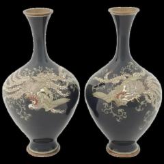 Large Pair of Antique Meiji Japanese Cloisonne Enamel Vases Birds of Paradise - 3901390