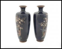 Large Pair of Antique Meiji Japanese Cloisonne Enamel Vases Hawks - 3901353