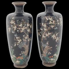 Large Pair of Antique Meiji Japanese Cloisonne Enamel Vases Hawks - 3901377