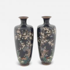 Large Pair of Antique Meiji Japanese Cloisonne Enamel Vases Hawks - 3909747