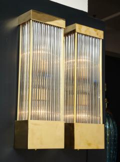 Large Pair of Brass and Clear Murano Glass Rectangular Sconces Italy - 1607356