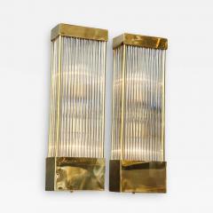 Large Pair of Brass and Clear Murano Glass Rectangular Sconces Italy - 1608330