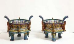 Large Pair of Chinese Cloisonne Enamel Planters on Wood Stands - 2138331