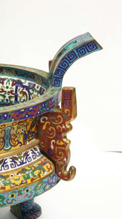 Large Pair of Chinese Cloisonne Enamel Planters on Wood Stands - 2138339