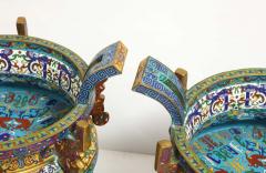 Large Pair of Chinese Cloisonne Enamel Planters on Wood Stands - 2138342