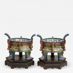 Large Pair of Chinese Cloisonne Enamel Planters on Wood Stands - 2139259