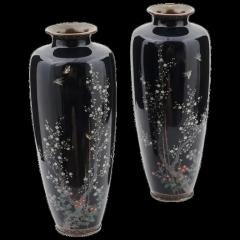 Large Pair of Japanese Cloisonn Enamel Vases of Birds Flying - 3901756